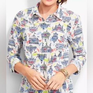 Talbots White Birdcage Novelty Print Collared Casual Cotton Button Up Shirt XS